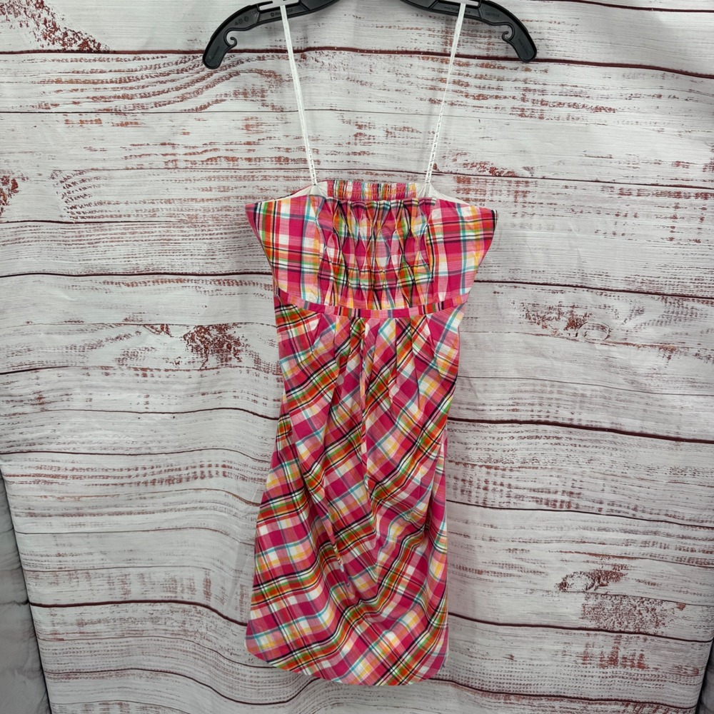 Lilly Pulitzer Strapless Plaid Dress Size 4 Smocked Bodice Pink Yellow Green - Picture 2 of 10